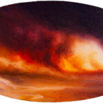 Close up of ‘Pax Exitiosa’, a tondo oil painting. Includes an image of a cloud of smoke and fire on a beach.