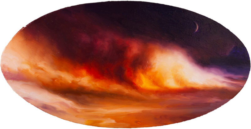 Close up of ‘Pax Exitiosa’, a tondo oil painting. Includes an image of a cloud of smoke and fire on a beach.