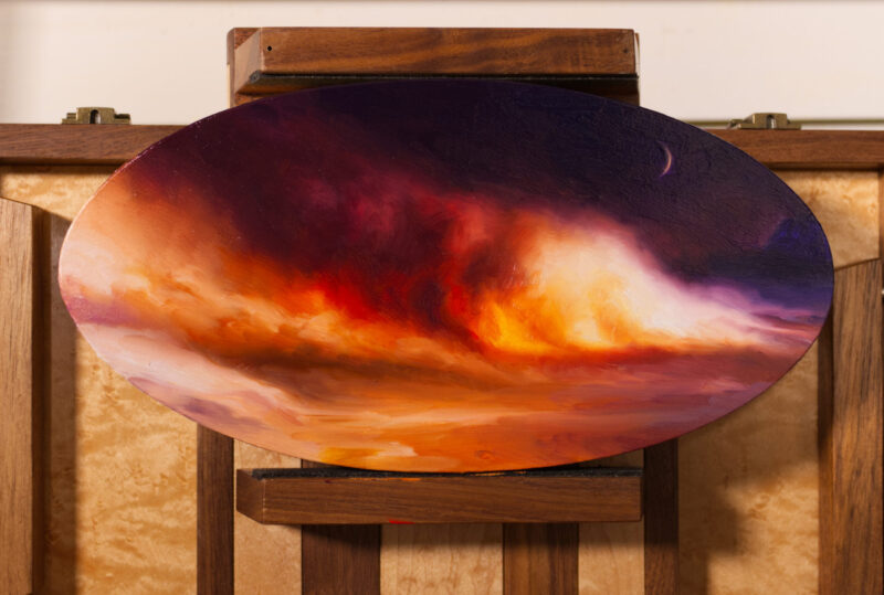 ‘Pax Exitiosa’, a tondo oil painting on a pochade. Includes an image of a cloud of smoke and fire on a beach.