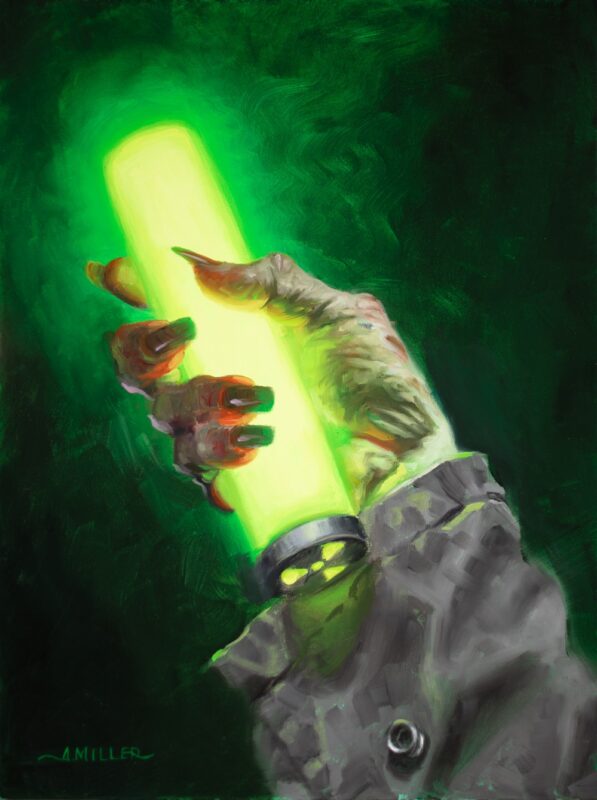 zombie hand holding a glowing carbon rod