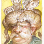 Watercolor painting by Omar Rayyan depicting a man with a pile of ferrets on his head.