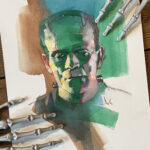 Manchess goauche painting of Boris Karloff as Frankenstein's Creature.