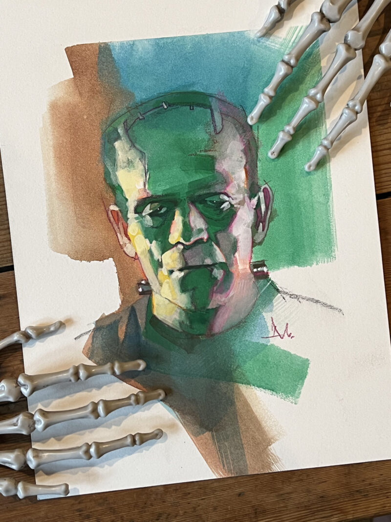 Manchess goauche painting of Boris Karloff as Frankenstein's Creature.
